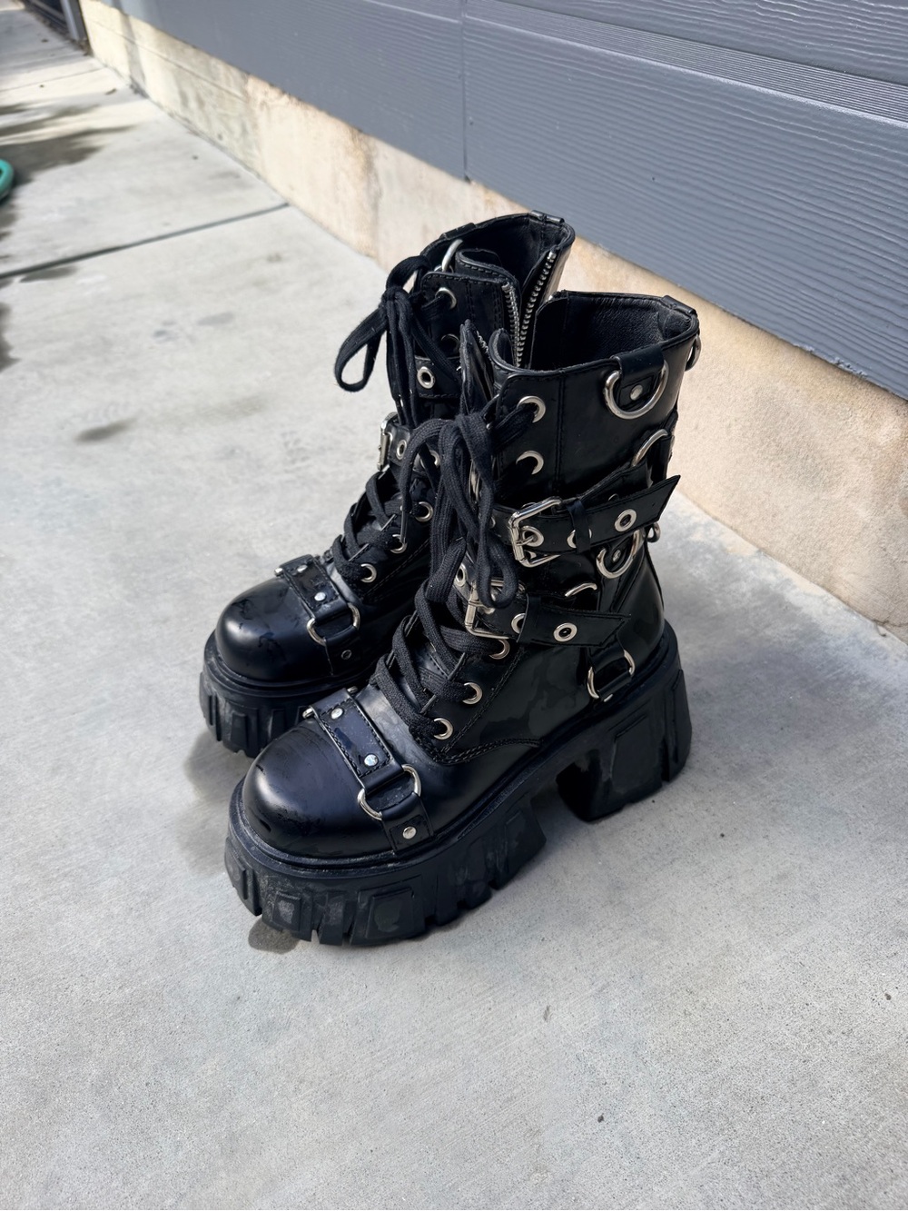 Black Platform Lace-Up Moto Boots with Buckle - Club Exx dolls kill
